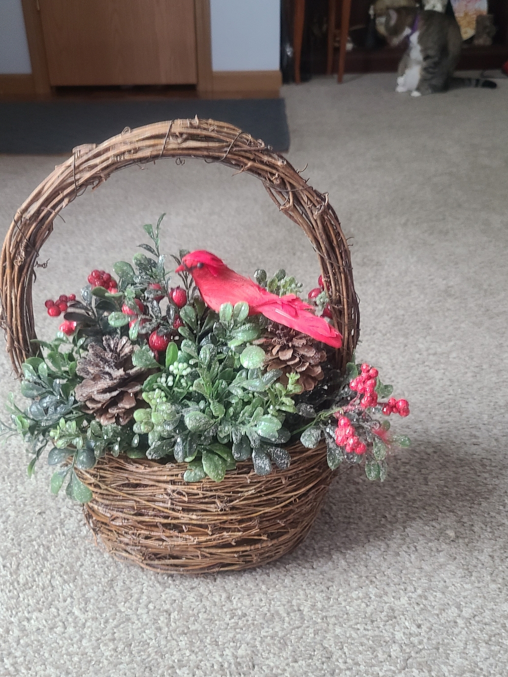 Red Cardinal Pinecone Holiday Basket Arrangement